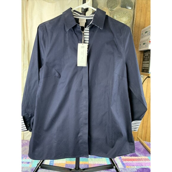 Chico's Tops - Chico's Womens Size 4/6 No-Iron Hidden Button Half Placket Navy Shirt NWT